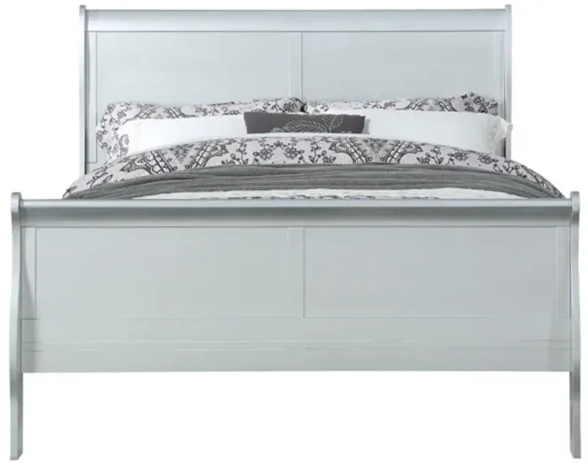 Wooden Queen Size Bed with Sleigh Headboard and Footboard, Silver-Benzara