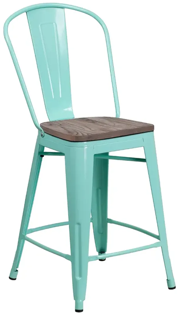 Flash Furniture Carly 24" High Mint Green Metal Counter Height Stool with Back and Wood Seat