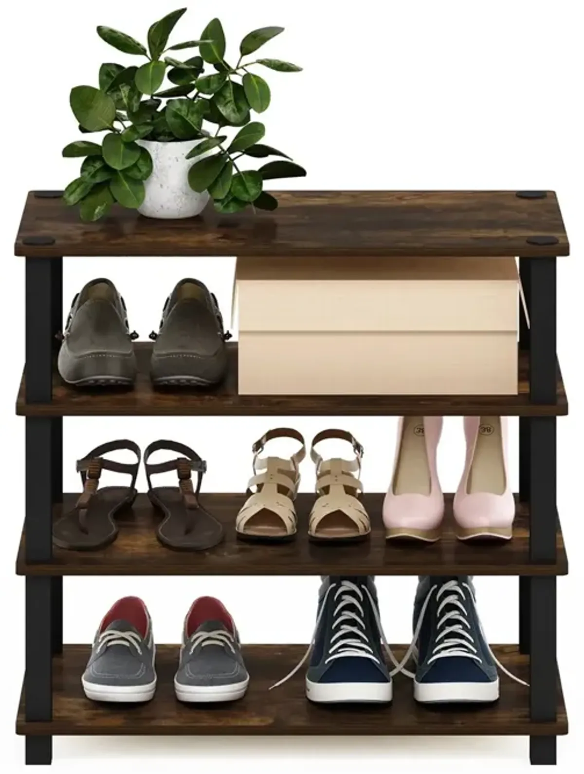 Hivvago Stackable 4 Shelf Black Brown Wood Shoe Rack   Holds up to 12 Pair of Shoes