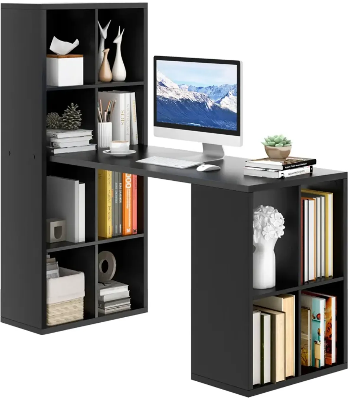 Modern Computer Desk with 12 Cubes Bookshelf-Black