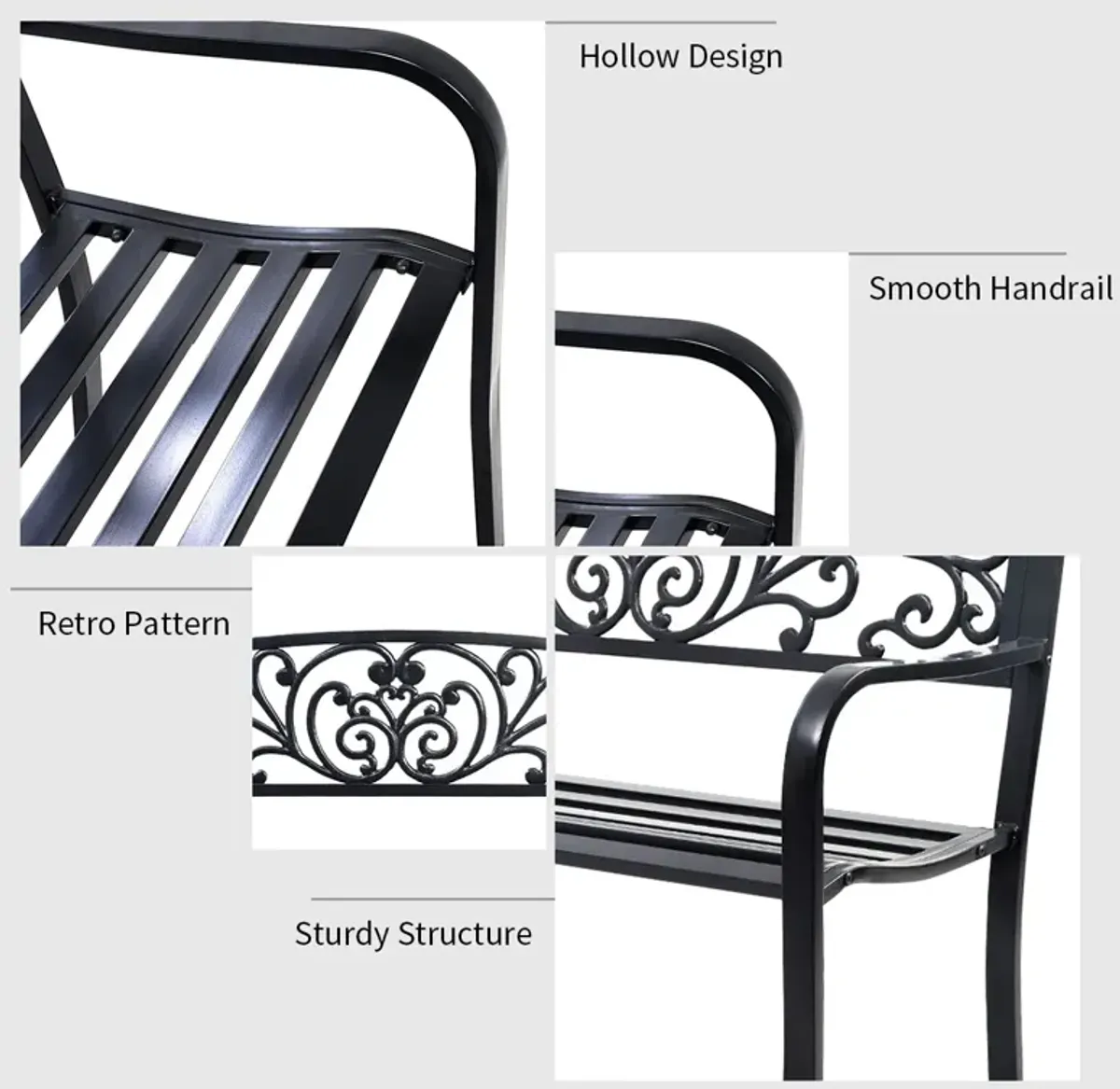 50 Inch Patio Park Steel Frame Cast Iron Backrest Bench Porch Chair