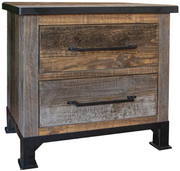 Benjara Amy 27 Inch Nightstand, Pine Wood, Wrought Iron Handles, Gray and Brown
