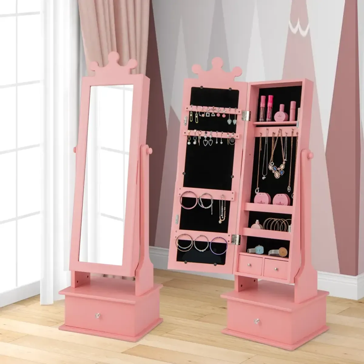 2-in-1 Kids Play Jewelry Armoire with Full Length Mirror and Drawers