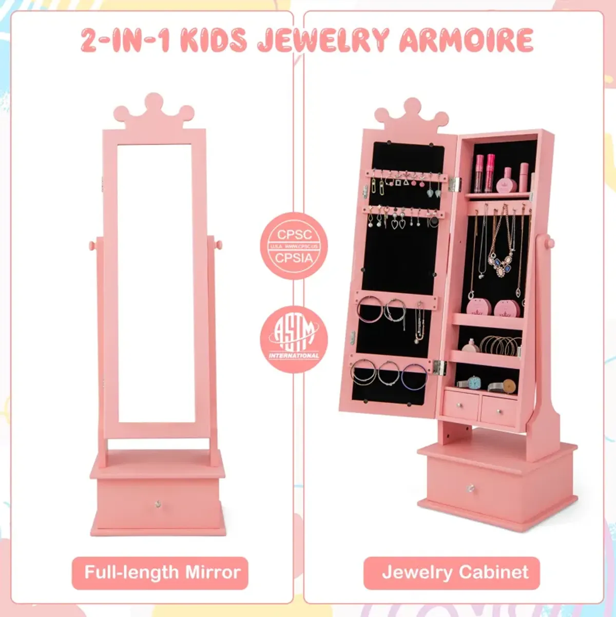 2-in-1 Kids Play Jewelry Armoire with Full Length Mirror and Drawers