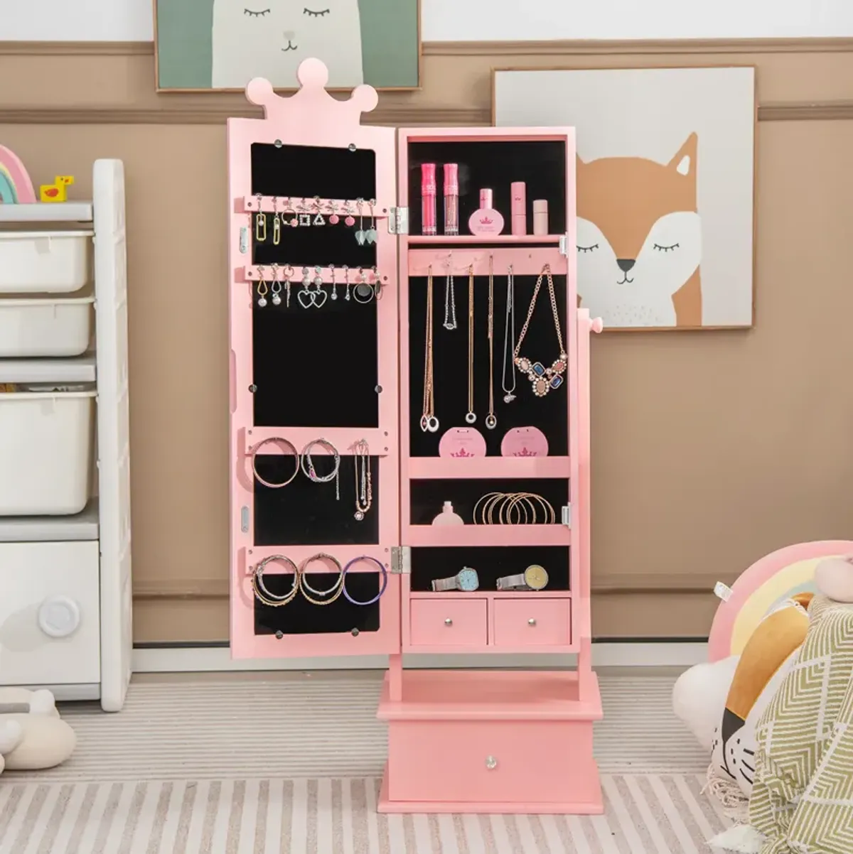 2-in-1 Kids Play Jewelry Armoire with Full Length Mirror and Drawers