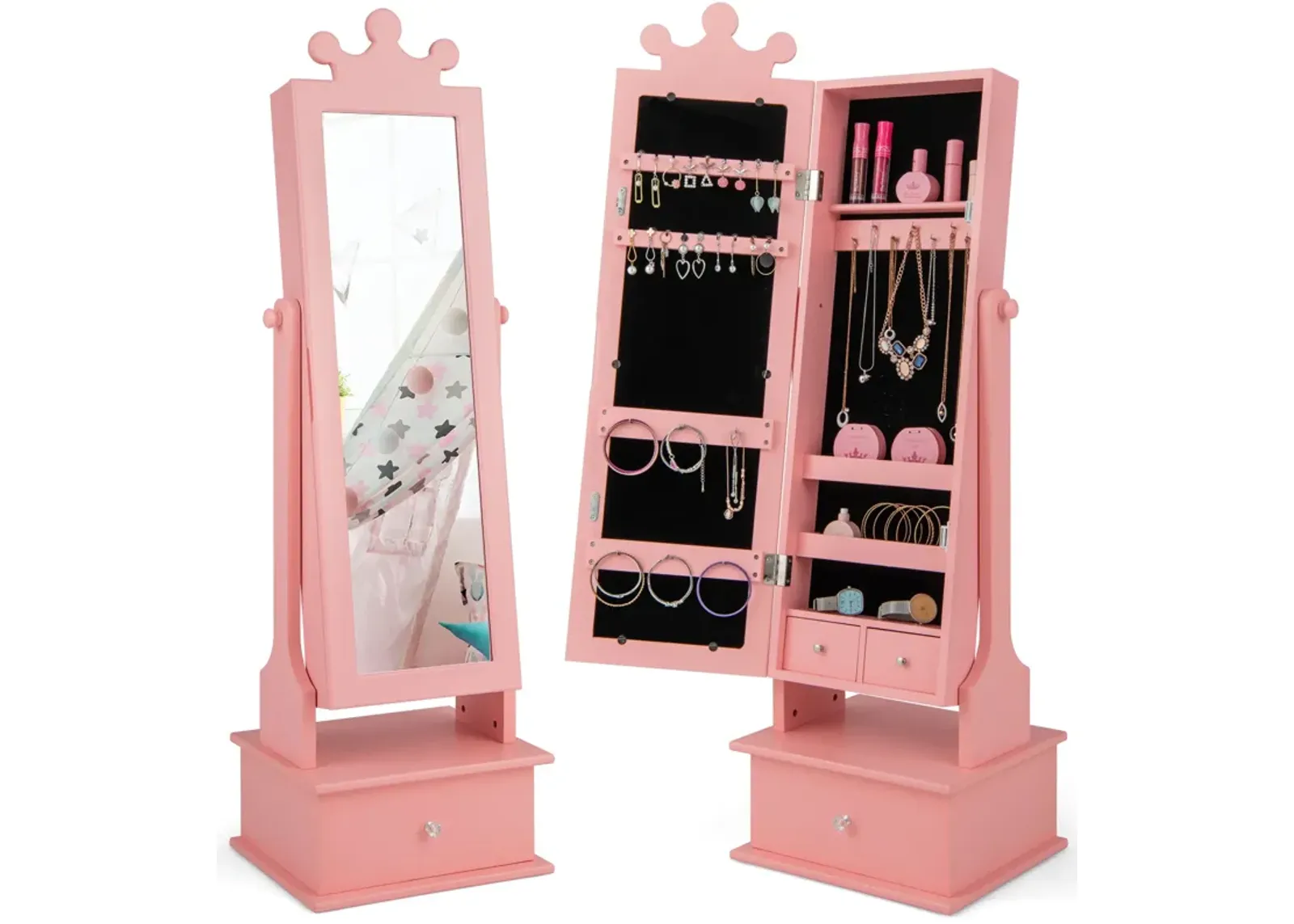 2-in-1 Kids Play Jewelry Armoire with Full Length Mirror and Drawers