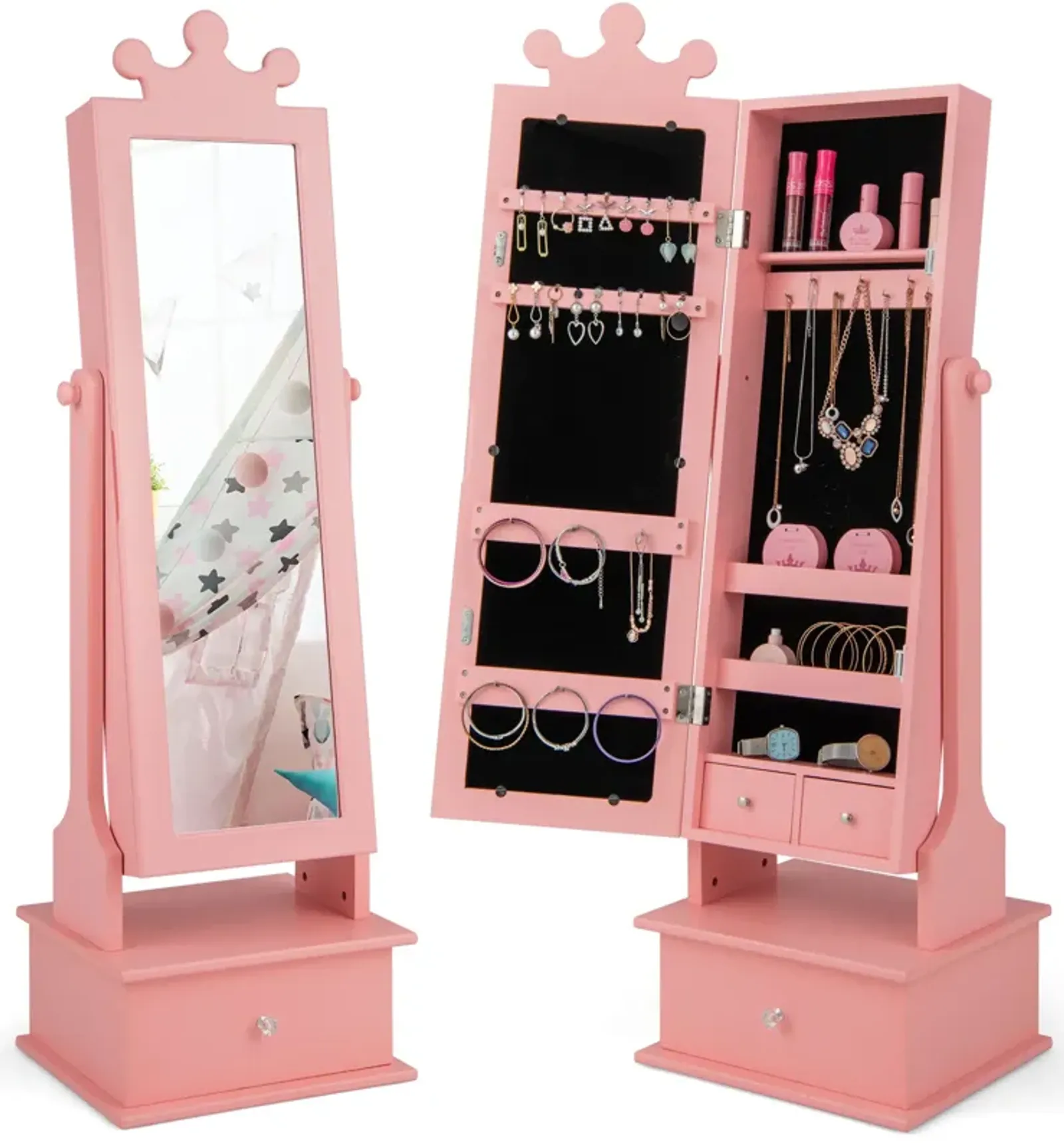 2-in-1 Kids Play Jewelry Armoire with Full Length Mirror and Drawers