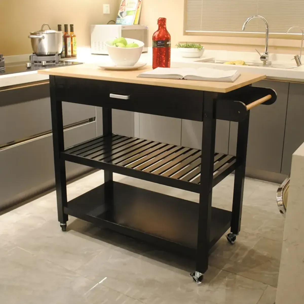 Black Mobile Kitchen Island & Cart With Lockable Wheels