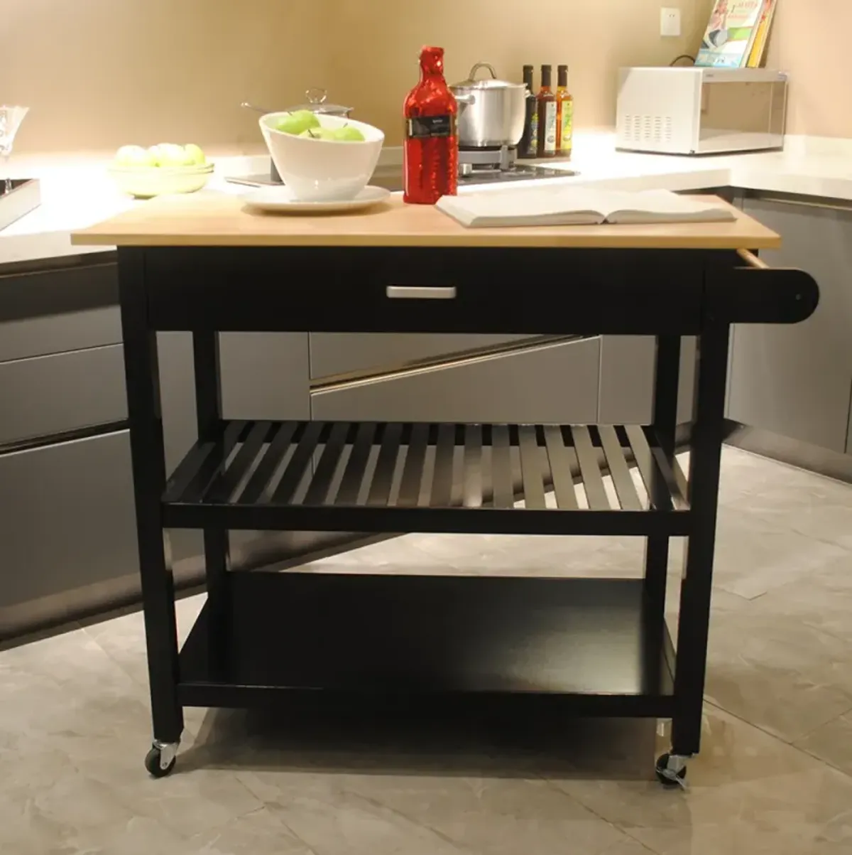 Black Mobile Kitchen Island & Cart With Lockable Wheels