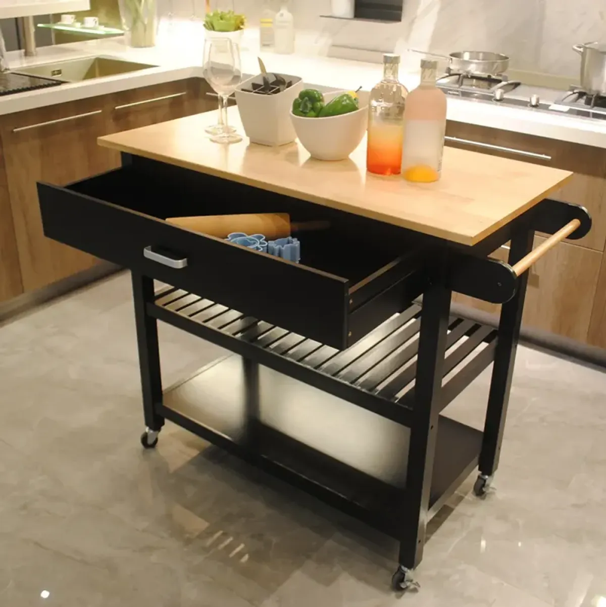 Black Mobile Kitchen Island & Cart With Lockable Wheels