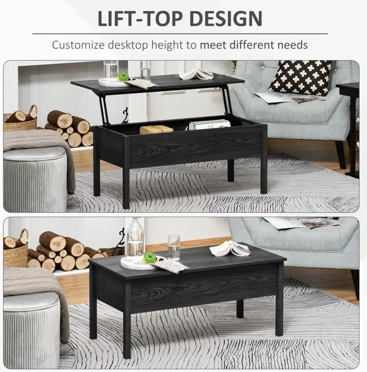 Sleek Hidden Compartment: Black Modern Lift Top Coffee Table