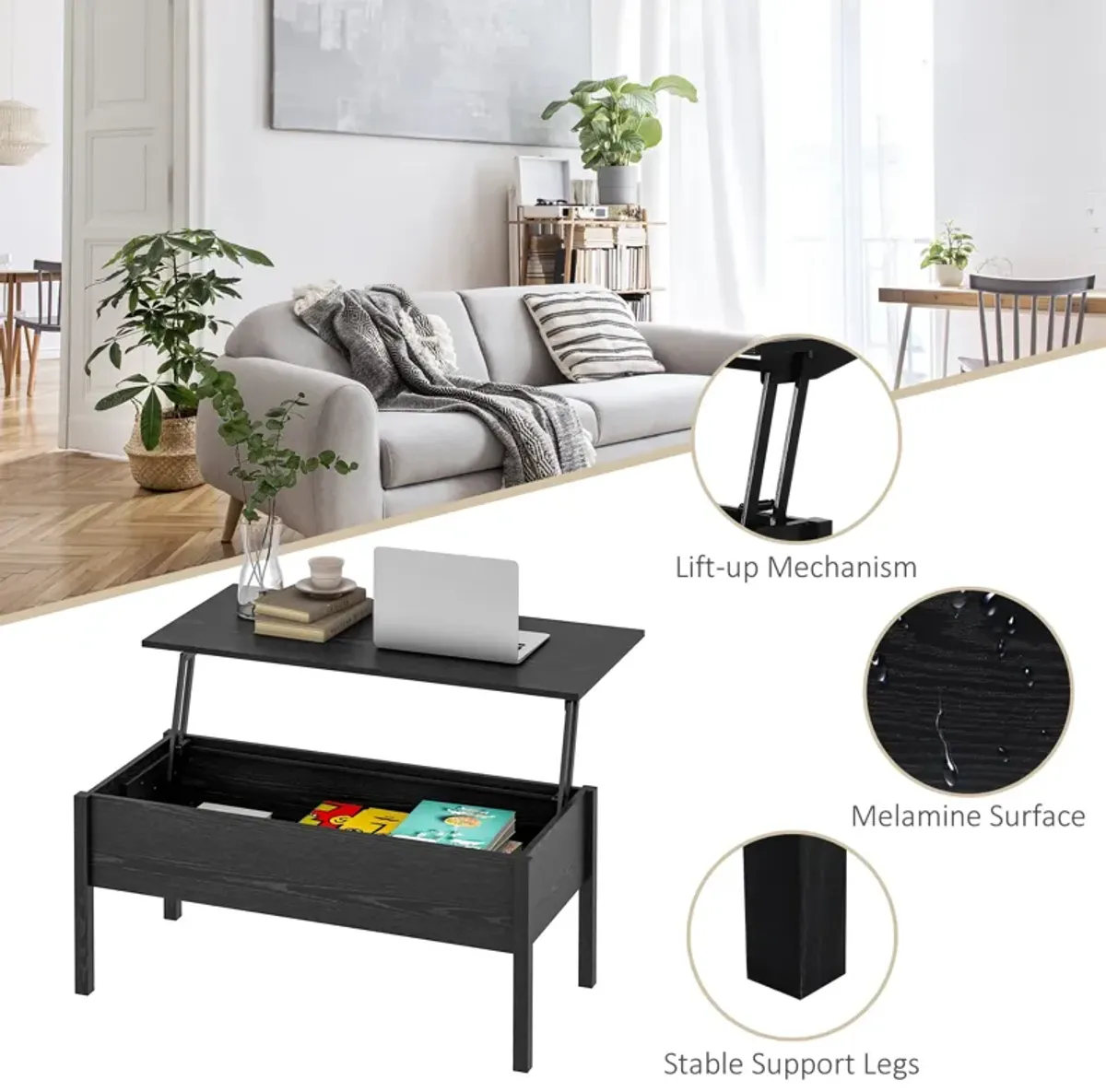 Sleek Hidden Compartment: Black Modern Lift Top Coffee Table