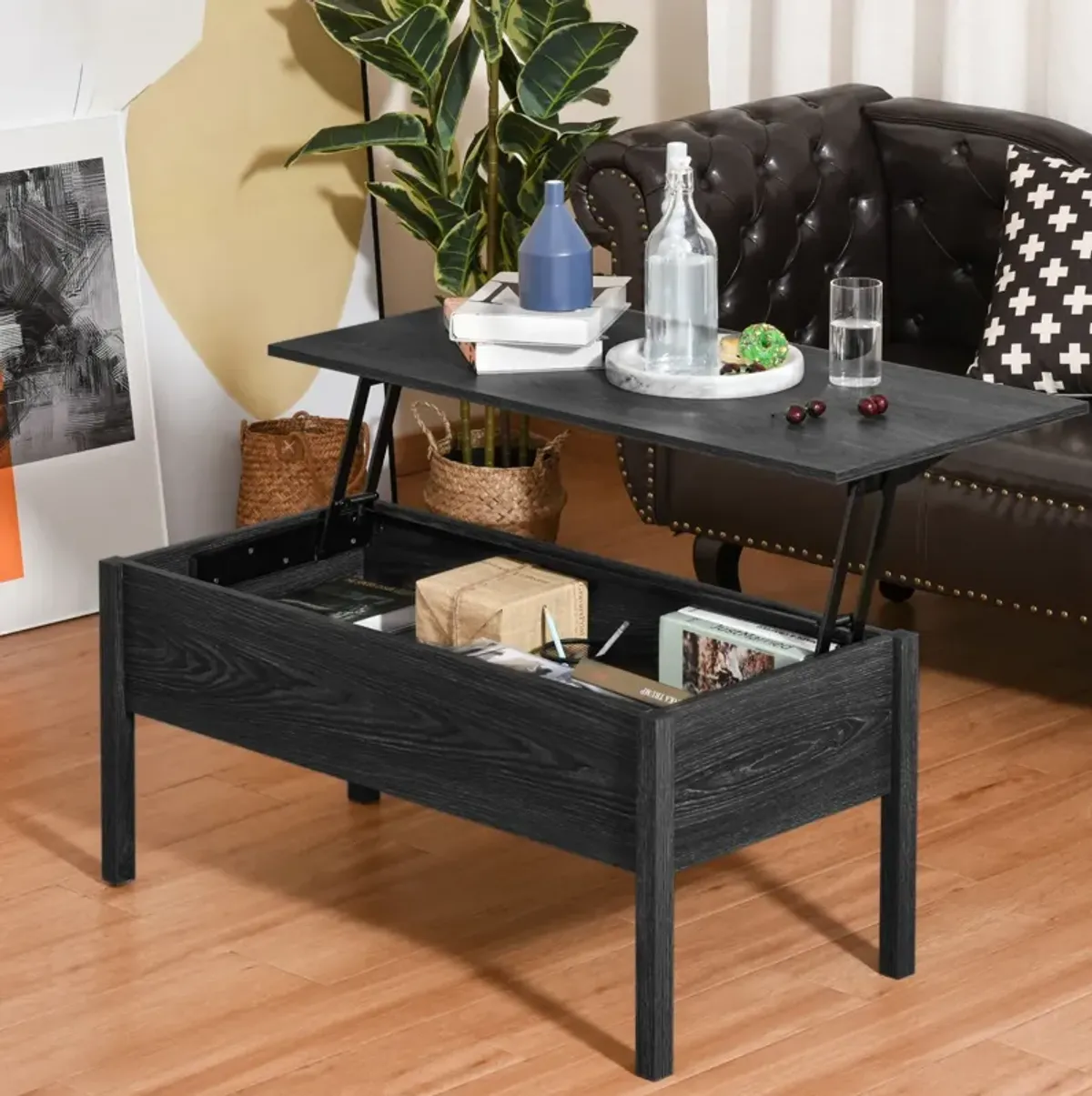 Sleek Hidden Compartment: Black Modern Lift Top Coffee Table