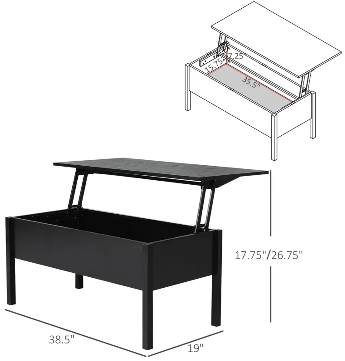 Sleek Hidden Compartment: Black Modern Lift Top Coffee Table