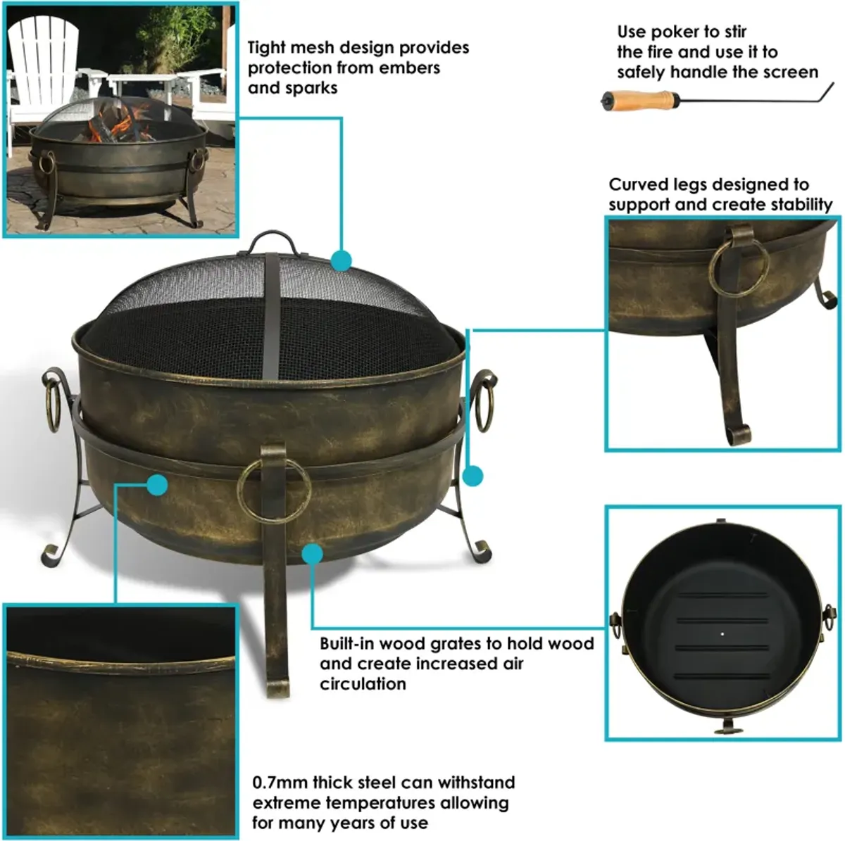 Sunnydaze Cauldron Steel Fire Pit with Spark Screen, Poker, and Grate