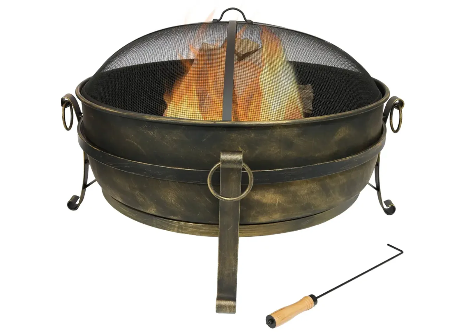 Sunnydaze Cauldron Steel Fire Pit with Spark Screen, Poker, and Grate