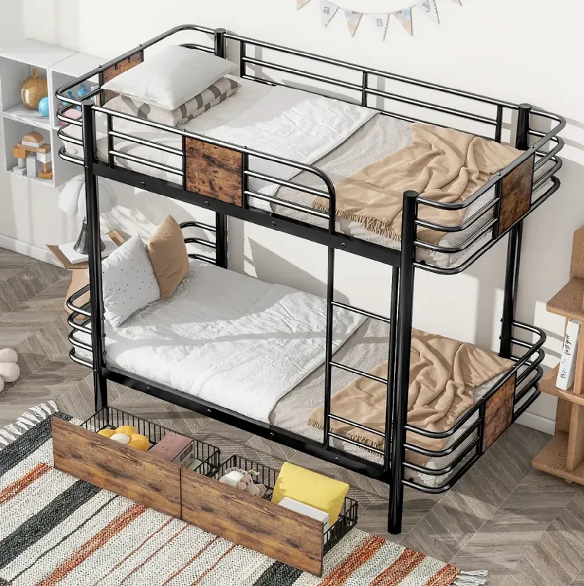 Merax Metal Frame Bunk Bed with 2 Storage Drawers