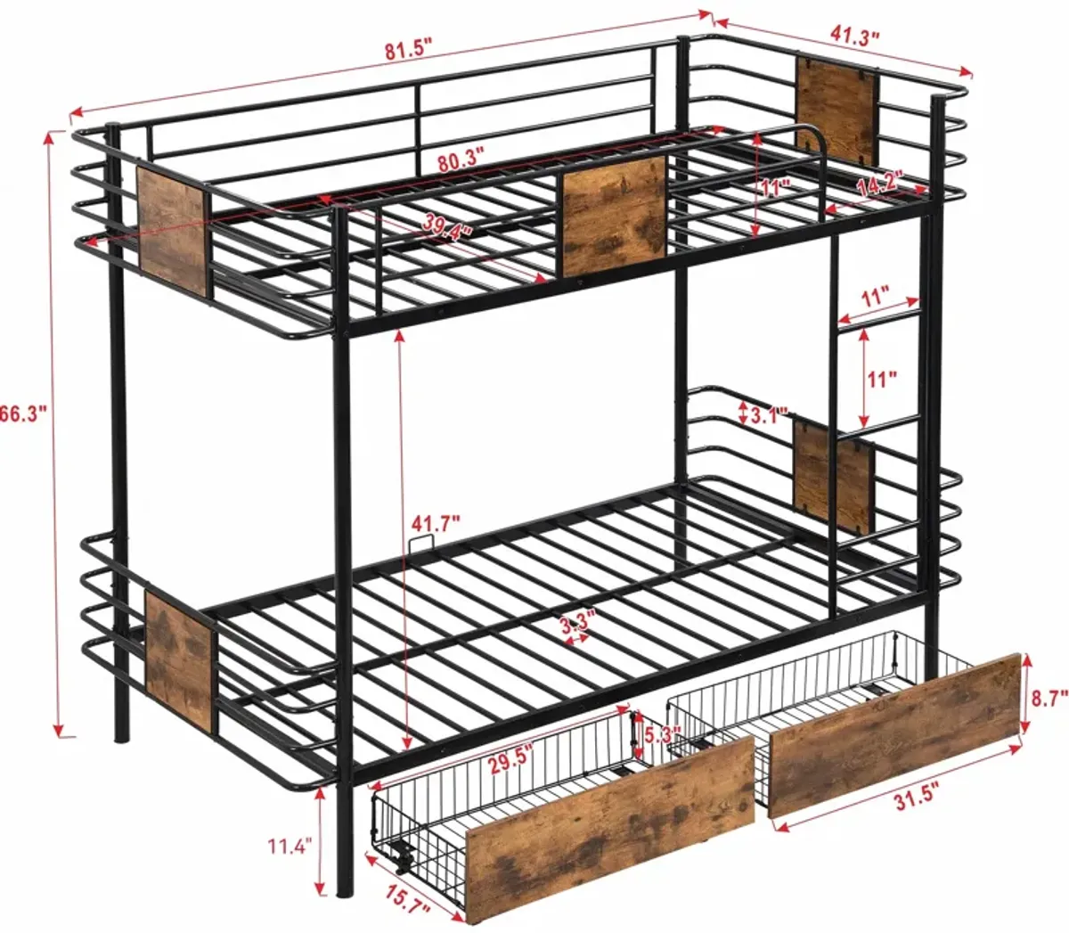 Merax Metal Frame Bunk Bed with 2 Storage Drawers