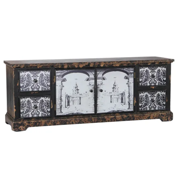 57 Inch Accent Sideboard Cabinet, White Damask Print Drawers, Brown Wood - Benzara