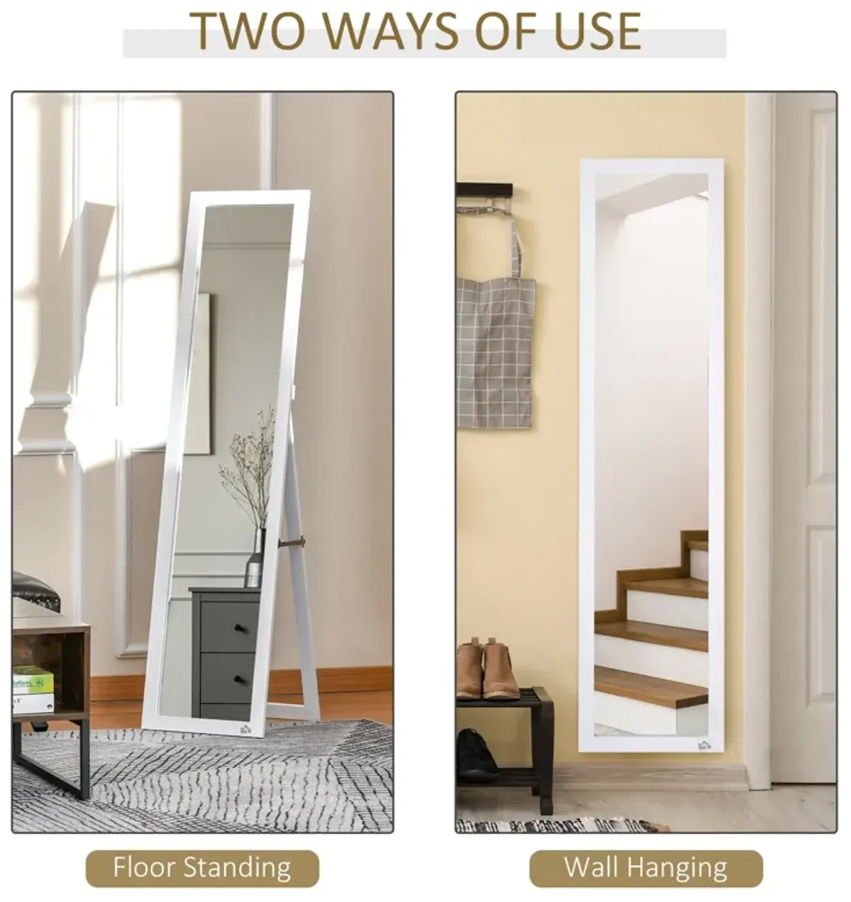 White Full-Length Mirror: Floor Standing or Wall-Mounted Rectangle