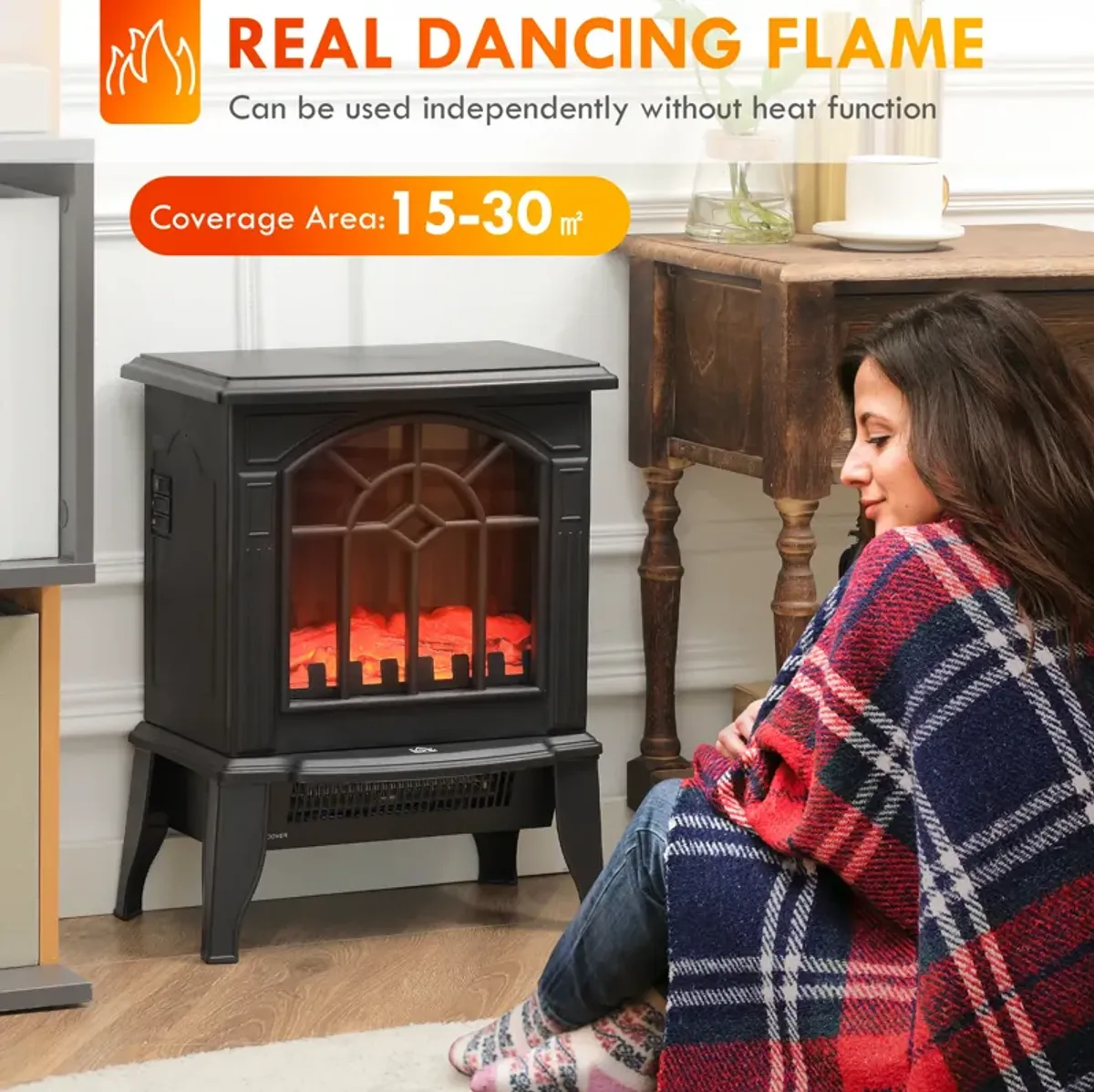 HOMCOM 18" Electric Fireplace Heater, Freestanding Fire Place Stove with Realistic LED Flames and Logs, Overheating Protection, 750W/1500W, White