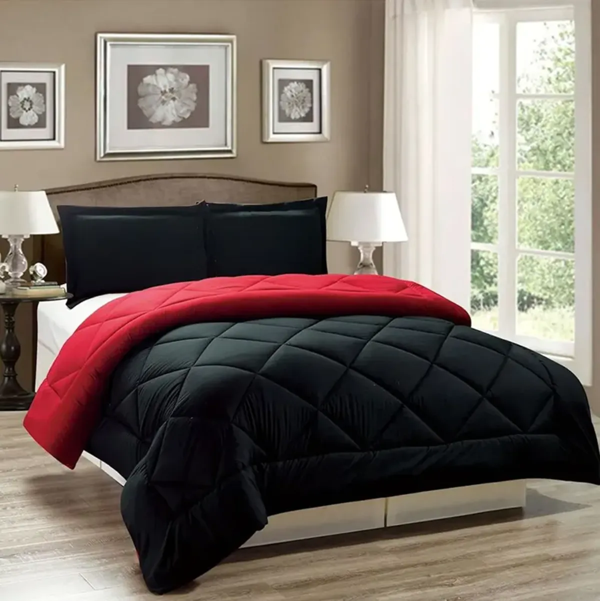 Legacy Decor 3pc Down Alternative, Reversible Comforter Set Red and Black, King Size