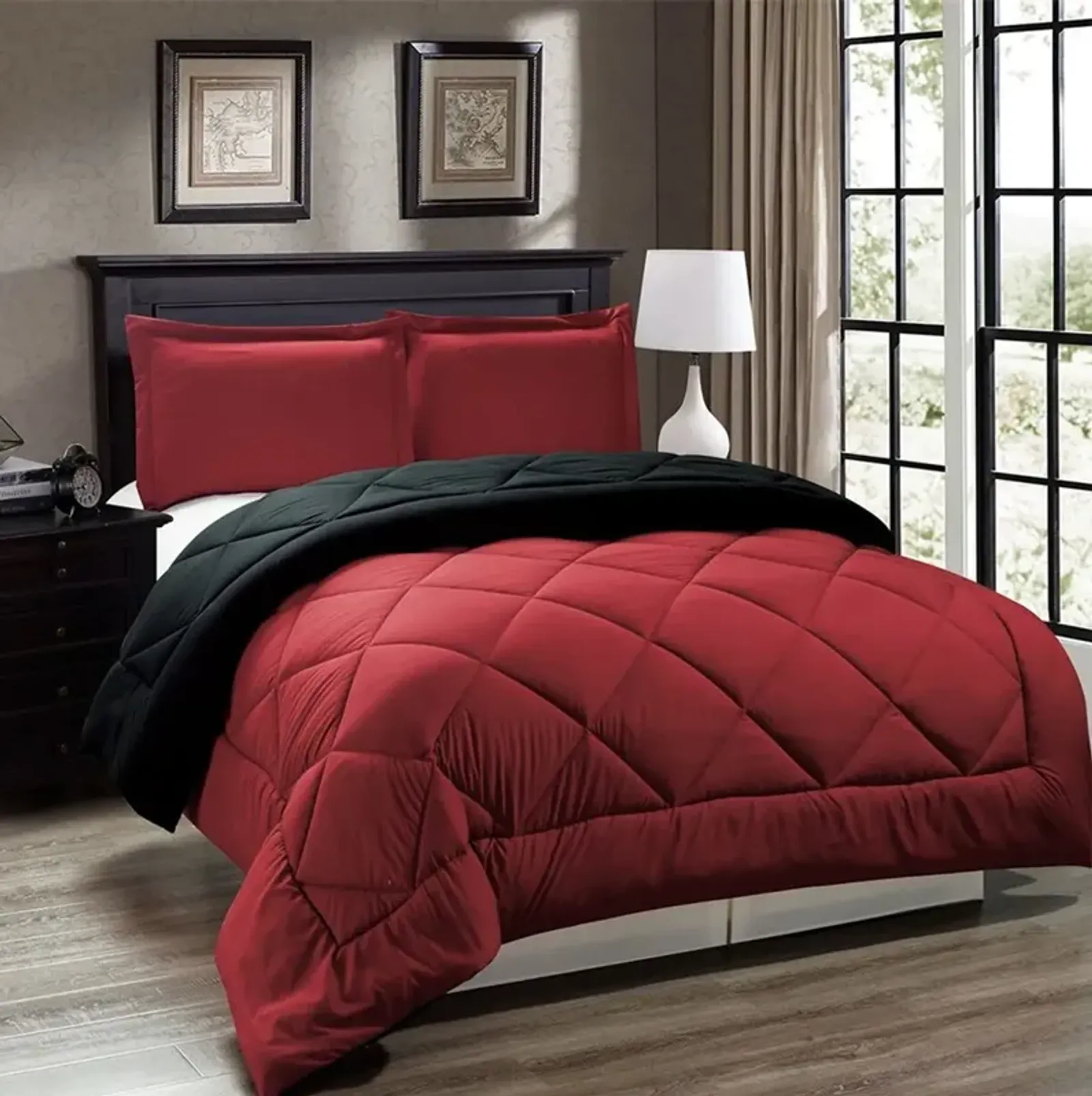 Legacy Decor 3pc Down Alternative, Reversible Comforter Set Red and Black, King Size