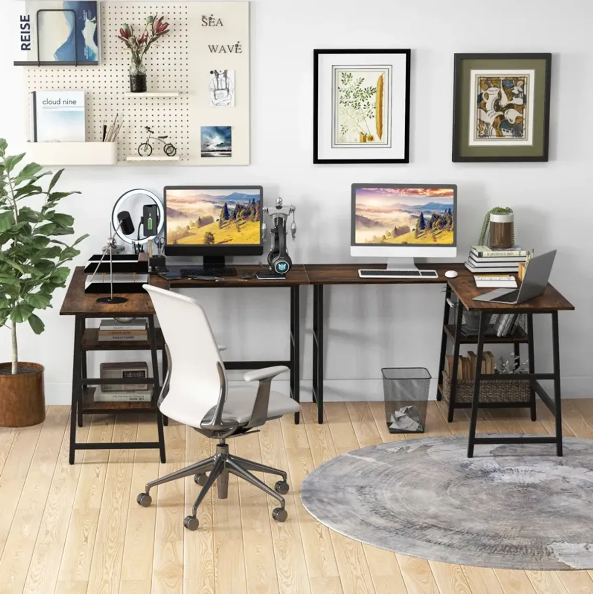 L Shaped Corner Computer Desk with Storage Shelves