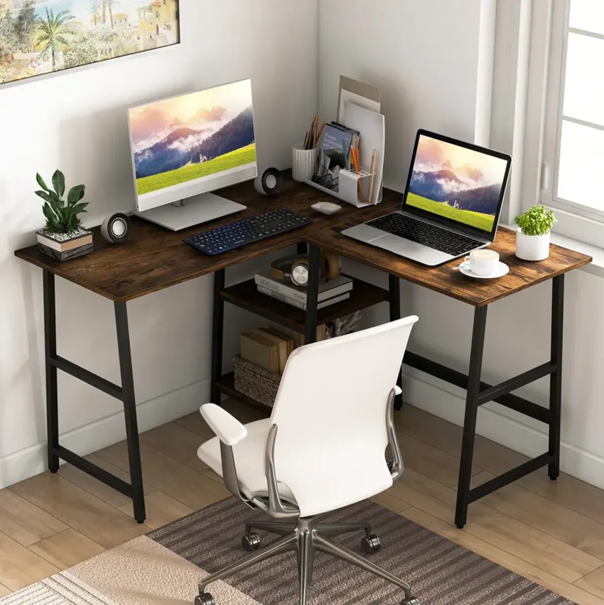 L Shaped Corner Computer Desk with Storage Shelves