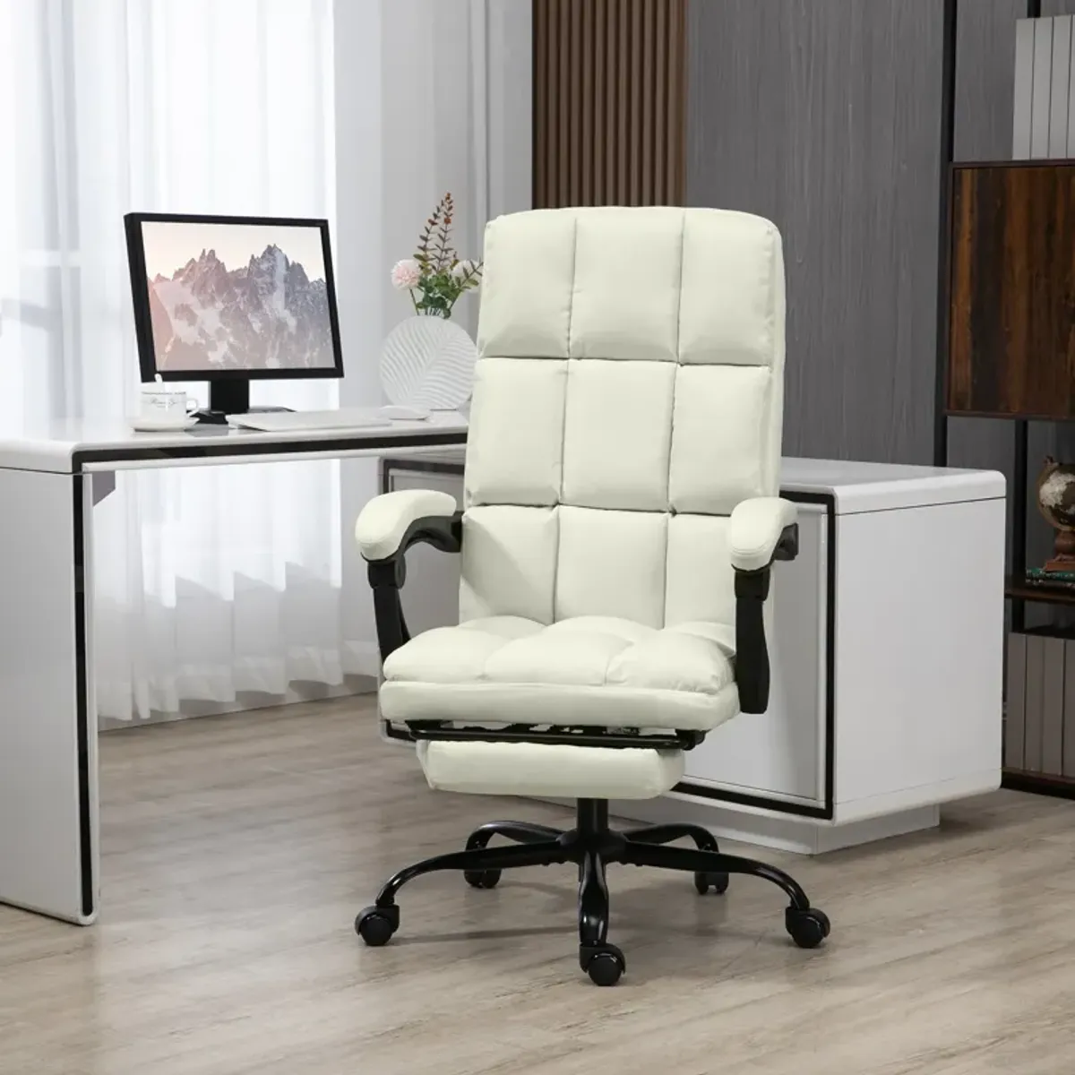 Cream White Office Comfort: Reclining Massage Chair with USB Port