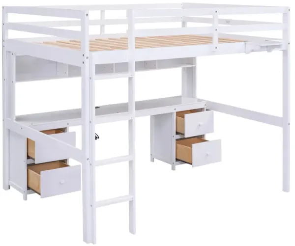 Whisen Full Size Loft Bed with Desk, Cabinets, Drawers and Bedside Tray, Built-in Charging Station - White