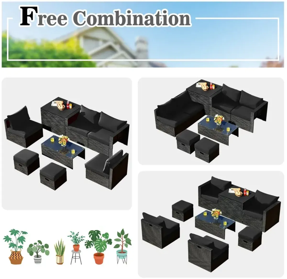 8 Pieces Patio Rattan Storage Table Furniture Set