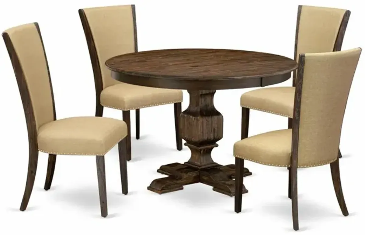 East West Furniture 5-Piece Kitchen Dining Table Set - Pedestal Dining Table and 4 Brown Color Parson Modern Chairs with High Back - Distressed Jacobean Finish