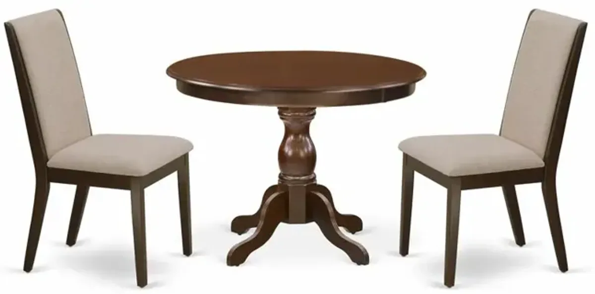 East West Furniture HBLA3-MAH-04 3 Piece Dining Room Table Set - Mahogany Breakfast Table and 2 Light Tan Linen Fabric Kitchen & Dining Room Chairs with High Back - Mahogany Finish