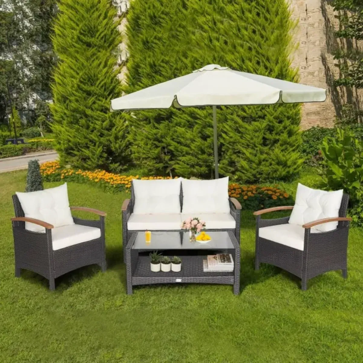 Hivvago 4 Pieces Patio Rattan Furniture Set with Cushioned Sofa and Storage Table