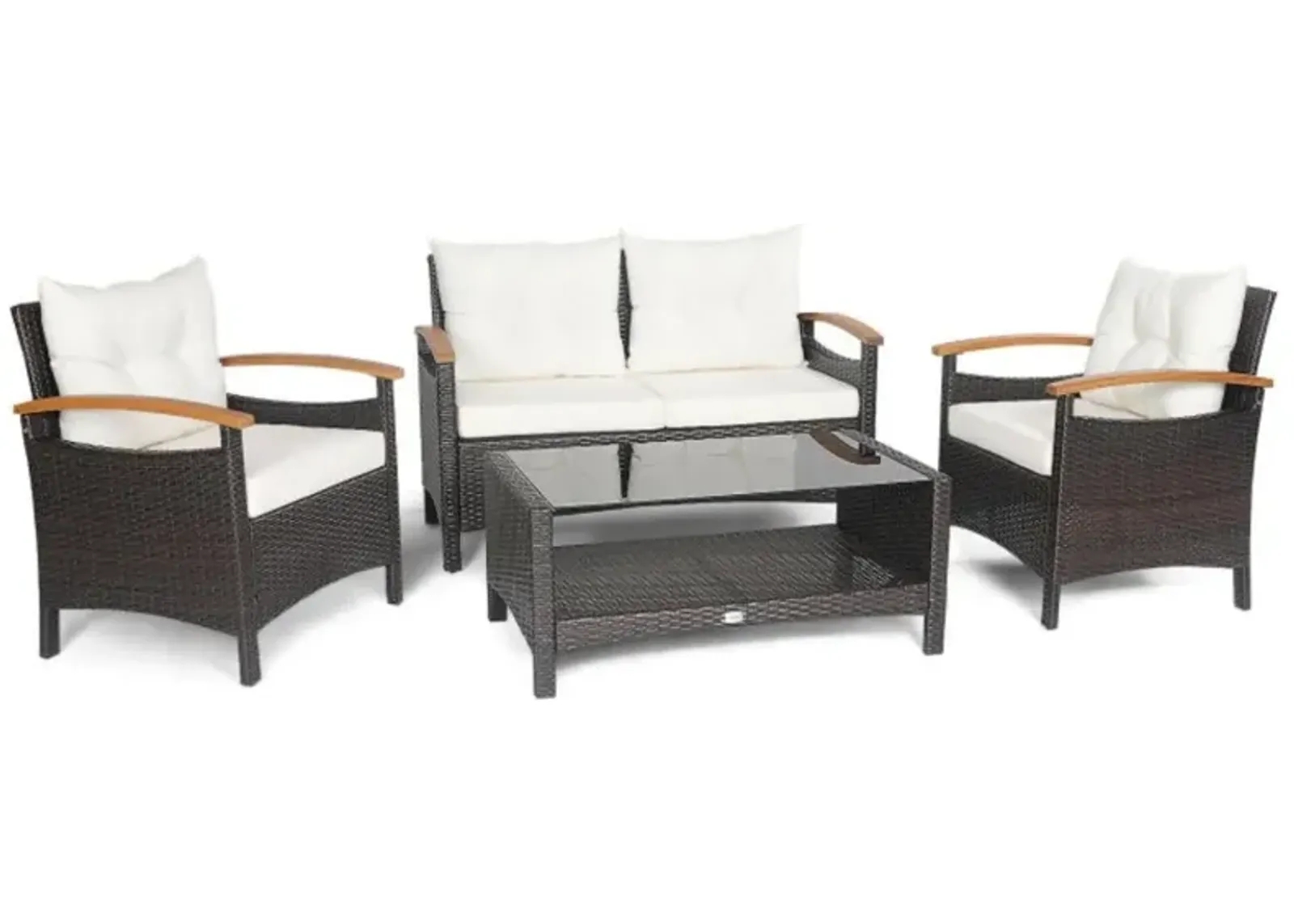 Hivvago 4 Pieces Patio Rattan Furniture Set with Cushioned Sofa and Storage Table