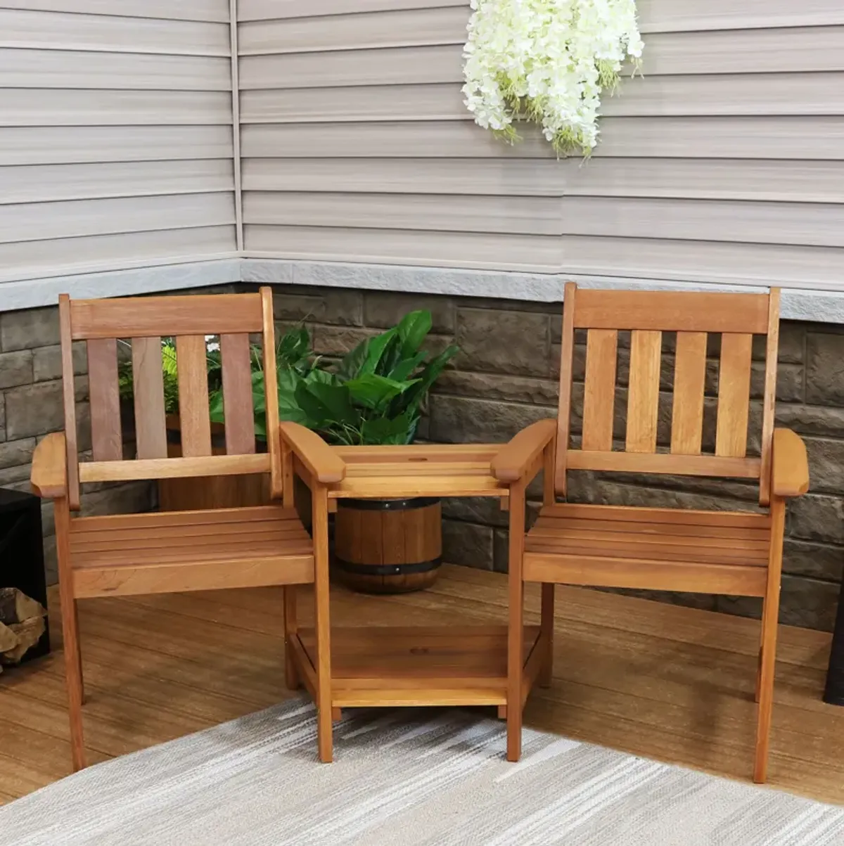 Sunnydaze Meranti Wood Patio Jack-and-Jill Chairs with Attached Table