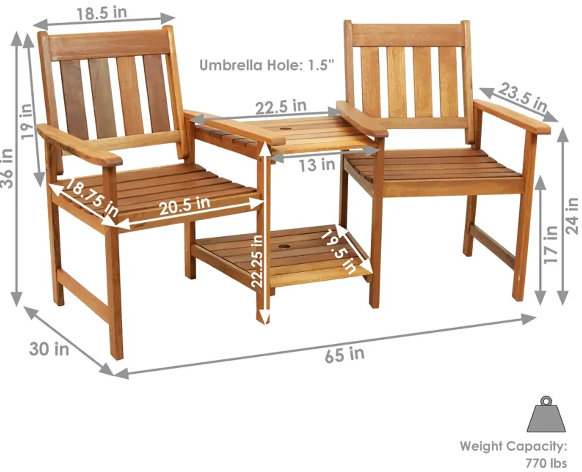 Sunnydaze Meranti Wood Patio Jack-and-Jill Chairs with Attached Table