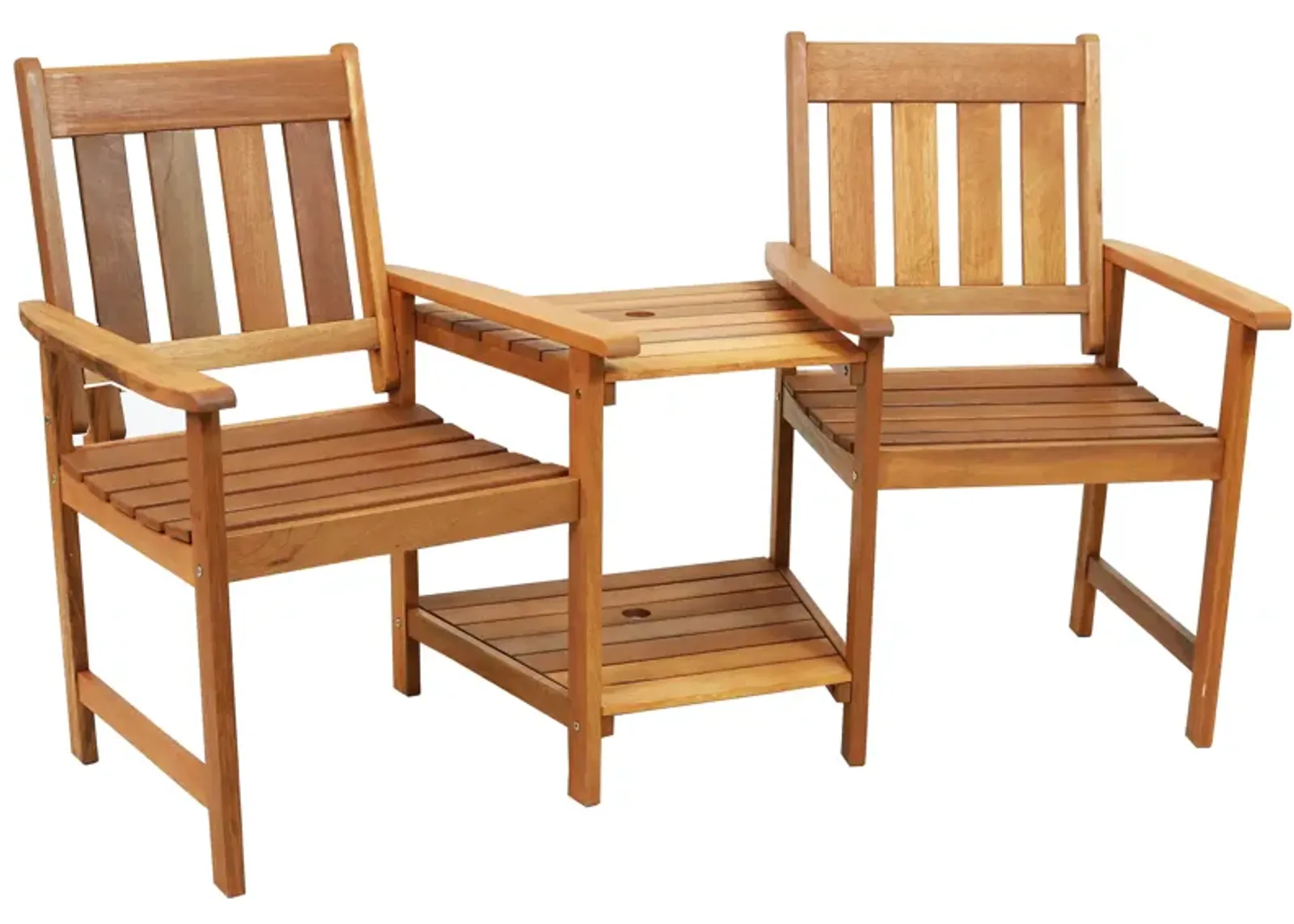 Sunnydaze Meranti Wood Patio Jack-and-Jill Chairs with Attached Table