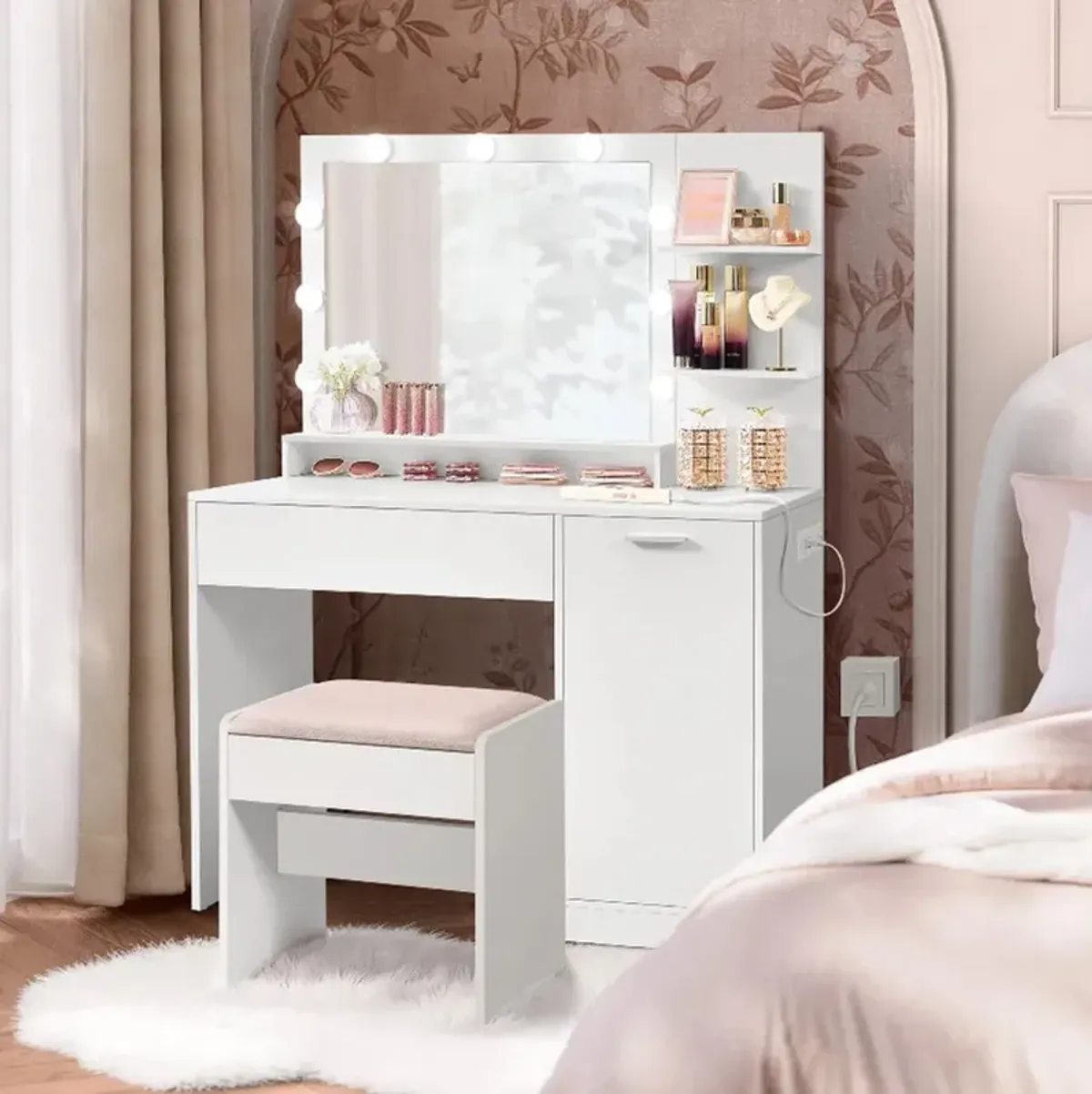 Vanity Desk with Mirror and Lights, Makeup Vanity with Upholstered Vanity Stool