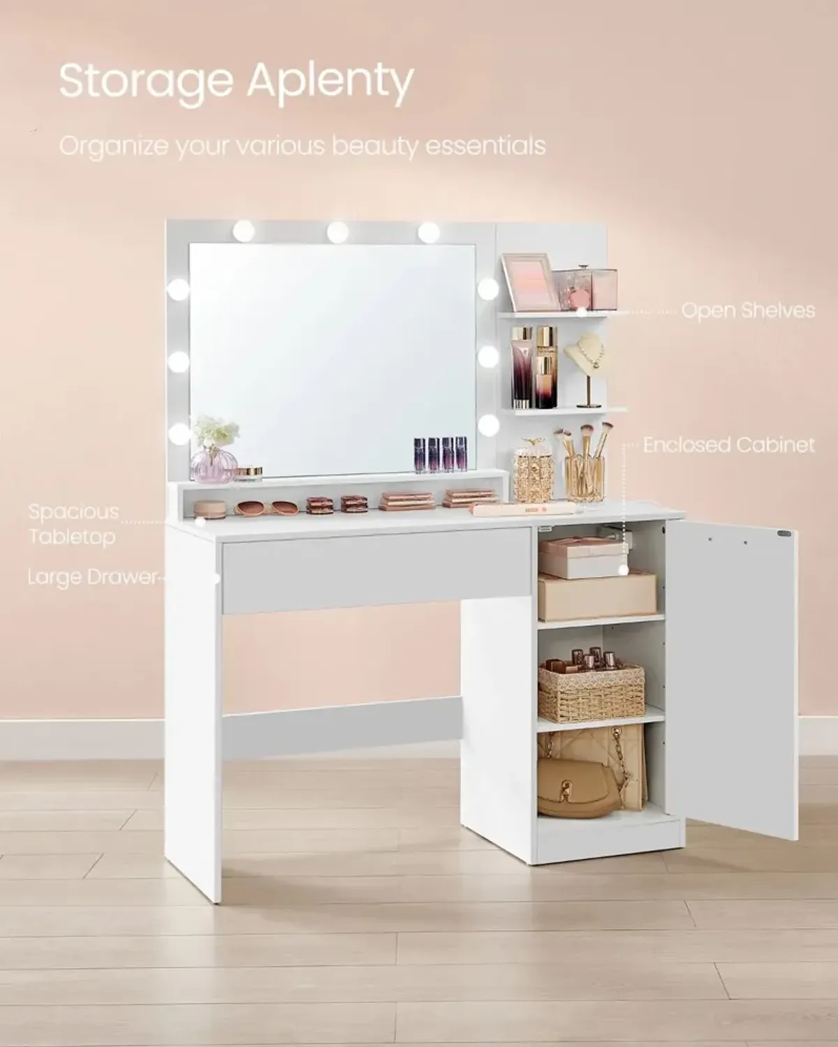 Vanity Desk with Mirror and Lights, Makeup Vanity with Upholstered Vanity Stool