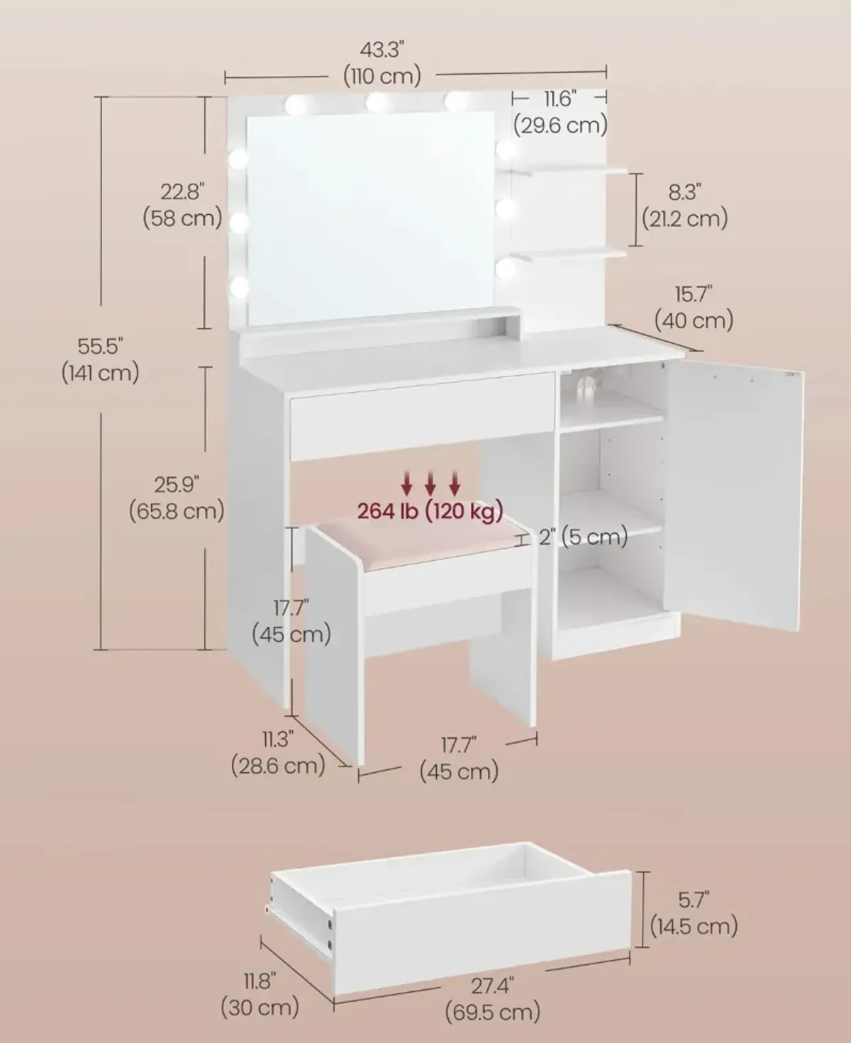 Vanity Desk with Mirror and Lights, Makeup Vanity with Upholstered Vanity Stool