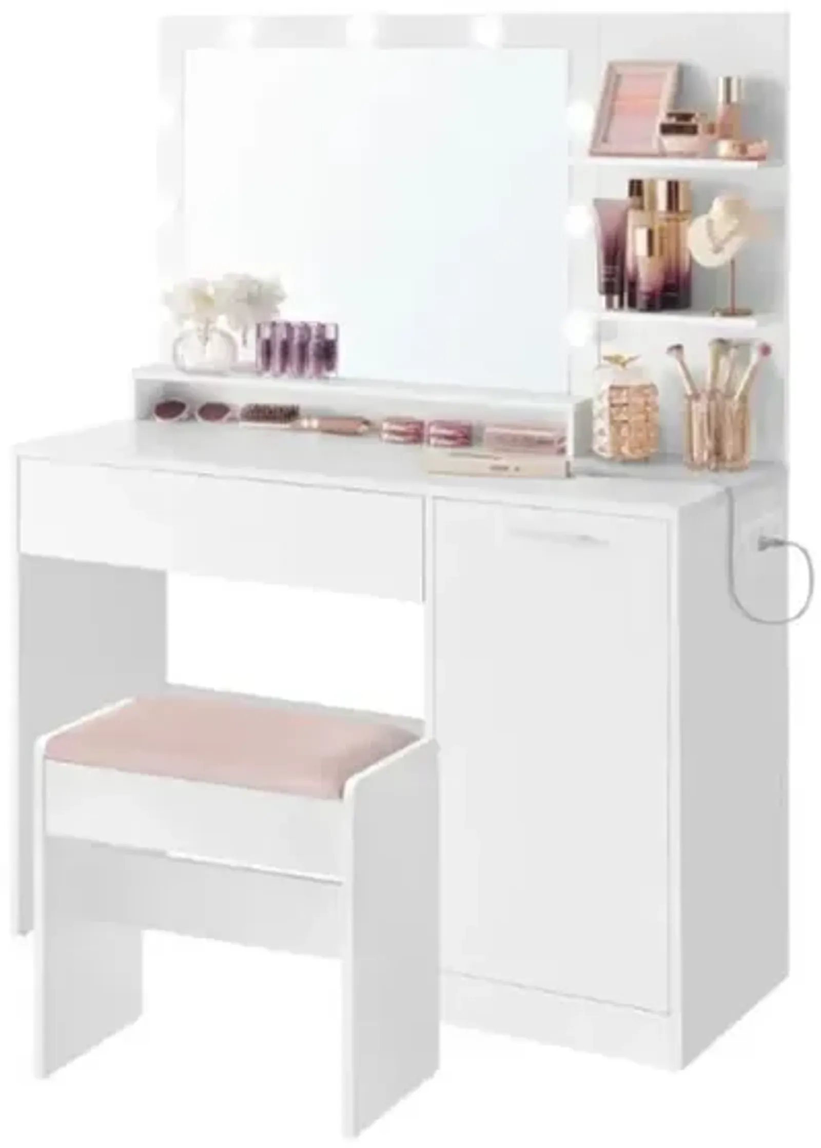 Vanity Desk with Mirror and Lights, Makeup Vanity with Upholstered Vanity Stool