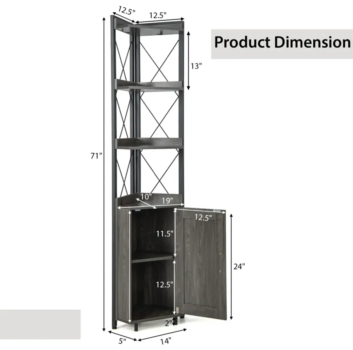 Tall Corner Storage Cabinet with 3-Tier Shelf and Enclosed Cabinet