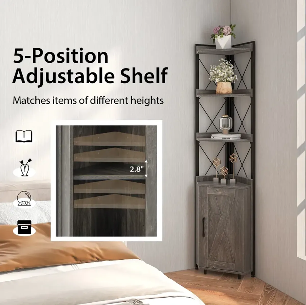 Tall Corner Storage Cabinet with 3-Tier Shelf and Enclosed Cabinet