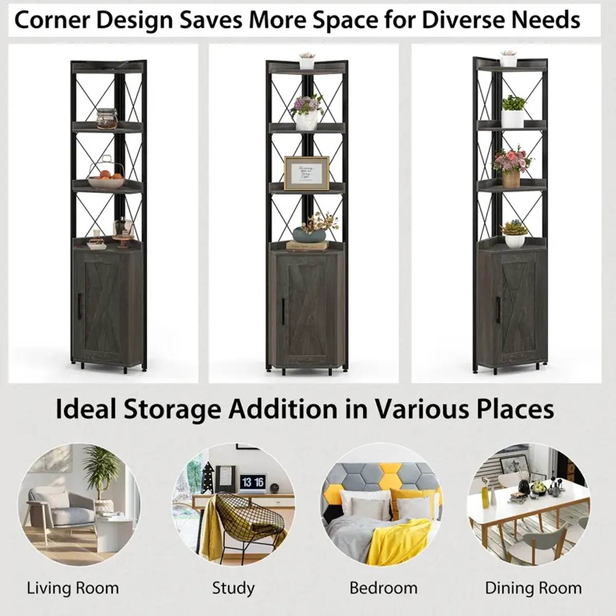 Tall Corner Storage Cabinet with 3-Tier Shelf and Enclosed Cabinet