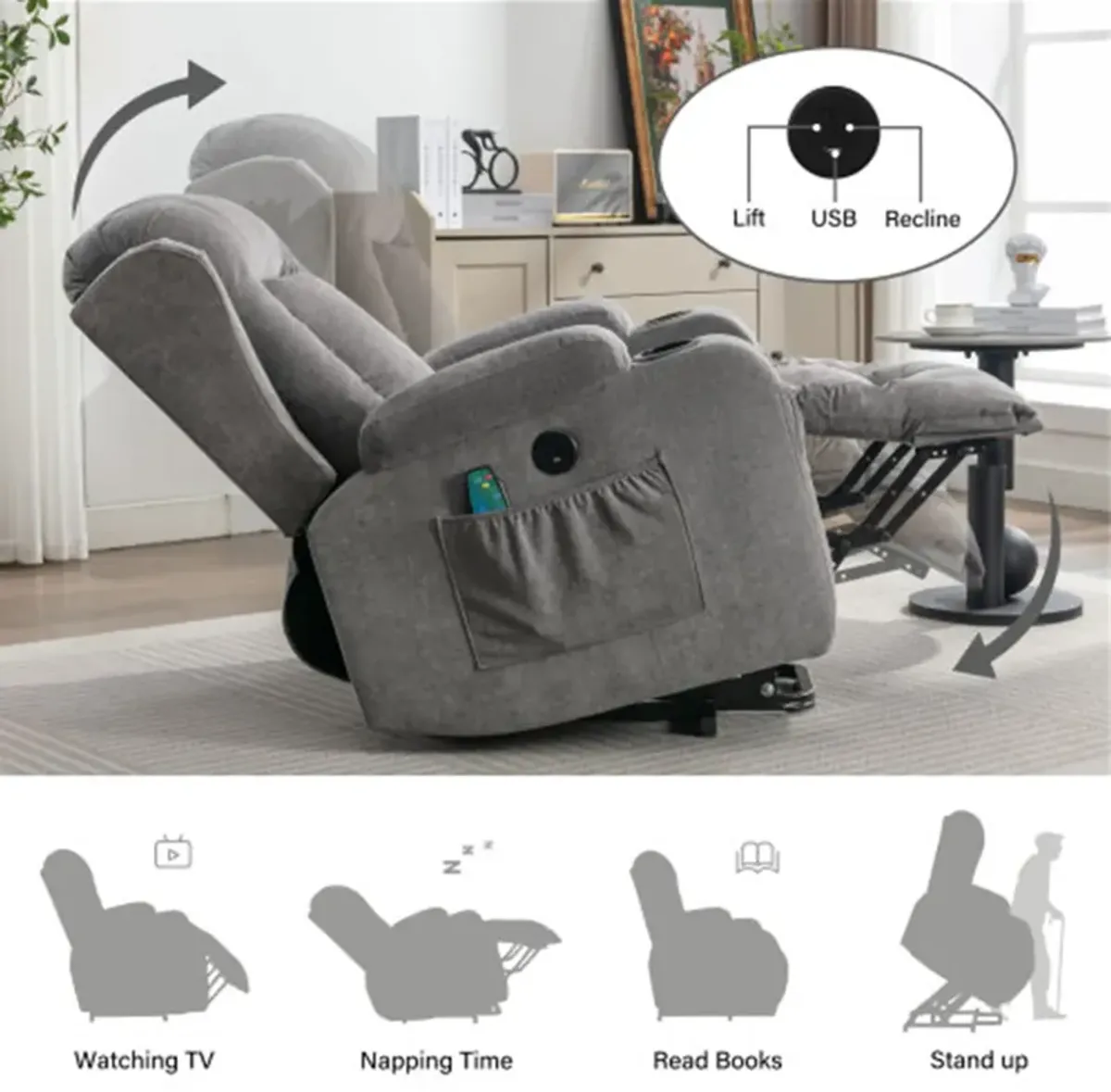 35.43 in. W Fabric Recliner with Remote Control, Tufted and Storage