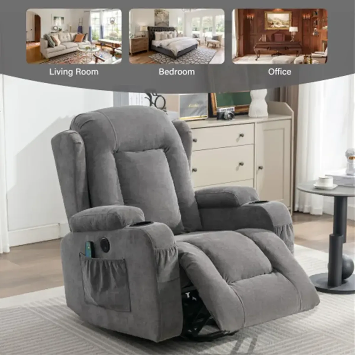 35.43 in. W Fabric Recliner with Remote Control, Tufted and Storage