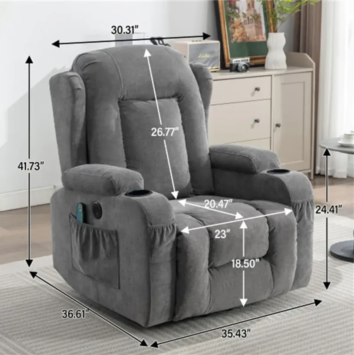 35.43 in. W Fabric Recliner with Remote Control, Tufted and Storage