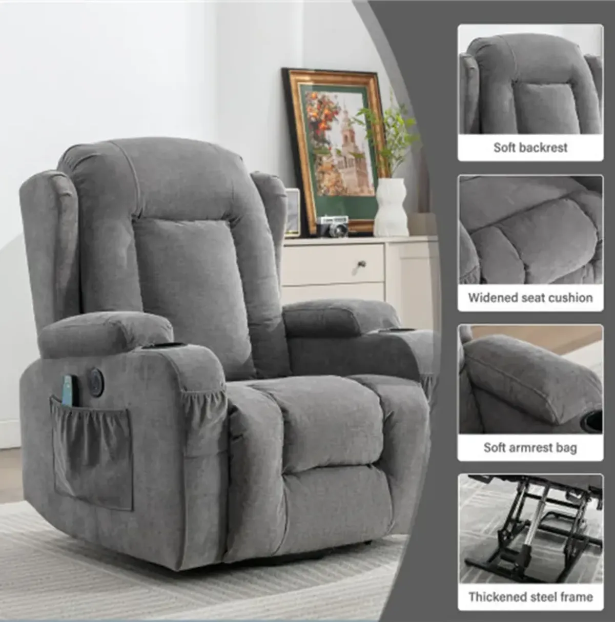 35.43 in. W Fabric Recliner with Remote Control, Tufted and Storage